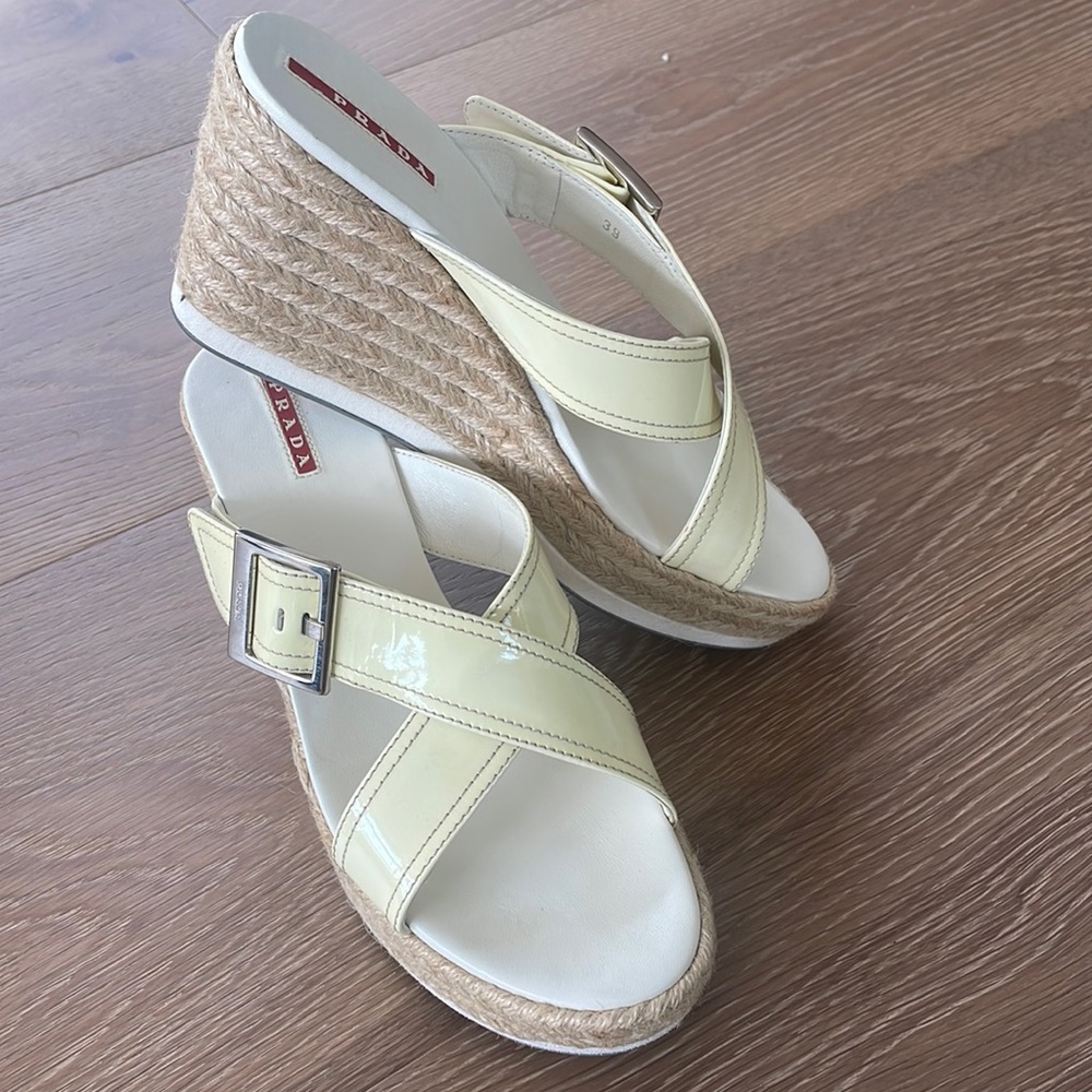 PRADA Espadrille White Leather Wedge Sandals